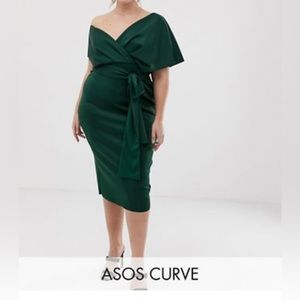 Green satin dress-off shoulder